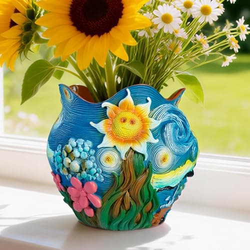 ArtCachet Sunflower Starry Sky Plant Pots-Cute Unique Flower Pots with Drainage Hole, Resin Planters for Indoor Outdoor Succulent Planter, Plant Gifts for Mother's Day, Birthday, Christmas(Colours) - Image 1
