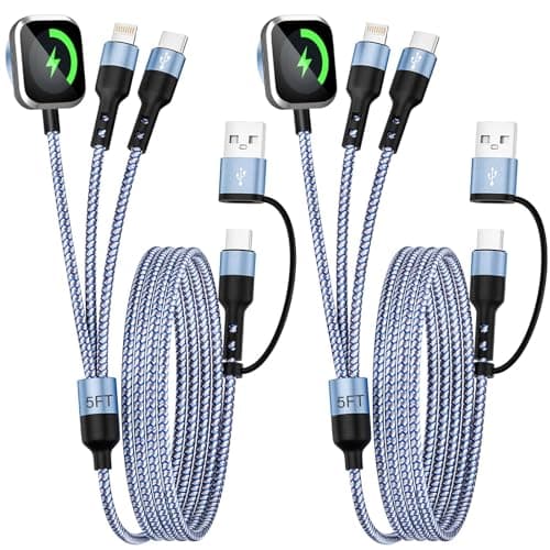 Jogrytece 2026 Car Essentials 3 in 2 Multi Charging Cable for iWatch Charger/iPhone Charger/CarPlay Cable, 2Pack 5FT USB C/L/iWatch Charging Cords for iWatch 11-1/iPhone 17-11, Android Car, Blue - Image 1