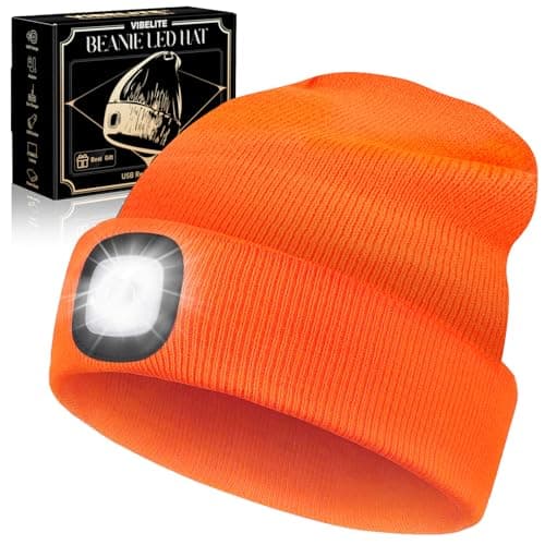 VIBELITE LED Beanie Hat with Light, USB Rechargeable LED Headlamp for Hiking, Camping, Fathers Day Gift for Dad, Husband, Birthday Gifts for Men, Women, Dad Gifts from Daughter, Wife, Orange - Image 1