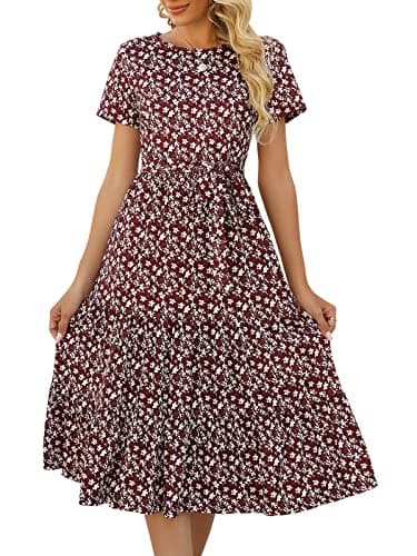 Lyrur Sun Dresses Women Summer Short Sleeve Belted Tiered Midi Sundress Ruffle Babydoll Dress with Pockets(XL,9191-Bur Floral) - Image 1