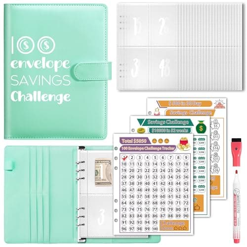 100 Envelopes Money Saving Challenge, A5 Savings Challenges Book Budget Binder with Cash Envelopes Erasable Tracker, Easy and Fun Way to Save $500 $5050 $10000 (BGreen) - Image 1