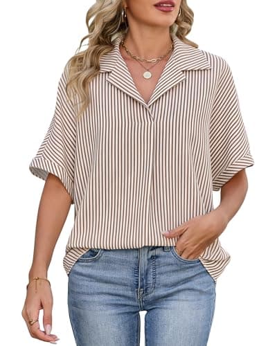 IEEILULU Women Striped Collared Shirt Casual Short Sleeve V Neck Blouse Tops Loose Fit Business Work Dressy Shirts Brown Striped S - Image 1