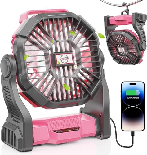 DOWILLDO 20000mAh Portable Battery Powered Camping Fan - with LED Light, Quiet Battery Operated, Camping Gear for Travel, Tent, Beach, Car or Hurricane Power Outages, Pink - Image 1