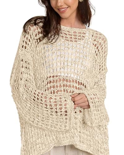 Bsubseach Sexy Beach Cover Ups for Women Hollow Out Crochet Bathing Swimsuit Coverup Sheer Beach Tops Vacation Clothes Apricot XL - Image 1