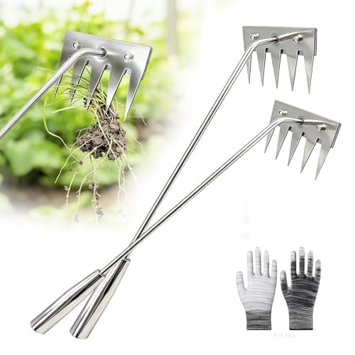 2Pcs Weed Puller Tool - 2026 Portable Manual Weeding Tools Gardening, 5 Teeth Head Stainless Steel Hand Garden Weeding Rake, Weed Remover Tool for Gardening Backyard Yard Farm Planting - Image 1