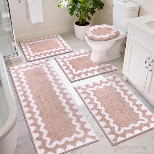 Findosom Bathroom Rugs Sets 5 Piece, Absorbent Soft Non-Slip Washable Microfiber Shaggy Bath Mat Set with Bathroom Runner Rug, U-Shaped Toilet Rugs, Shower Rug & Toilet Lid Cover, Pink-White - Image 1