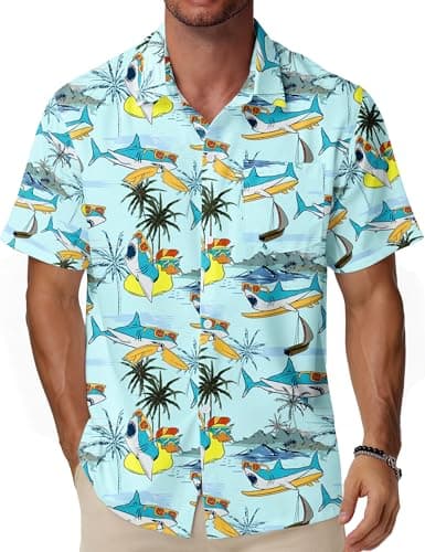 EoBeKee Hawaiian Shirt for Men, Shark Print Cool Short Sleeve Button Down Tropical Shirt for Summer Fishing & Surfing Holiday - Image 1