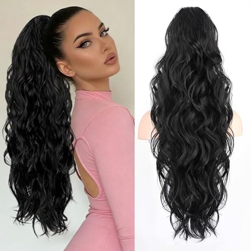 LRSICAL Ponytail Extension, Claw Clip Ponytail Extension Long Wave Black Ponytail Extensions for Women Fluffy Natural Synthetic 26 Inch Hairpiece for Daily Use