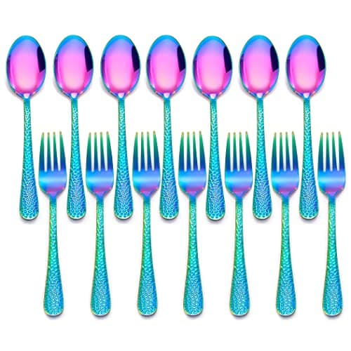 LIANYU 14-Piece Kids Silverware Set, Rainbow Toddler Utensils Flatware Set, Stainless Steel Child Preschooler Cutlery, Includes 7 Spoons and 7 Forks for Kids, Dishwasher Safe