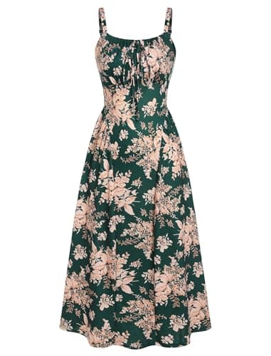 ZAFUL Women's Floral Corset Dress Spaghetti Strap Fit and Flare Flowy Midi Sundress with Pockets Dark Green S - Image 1