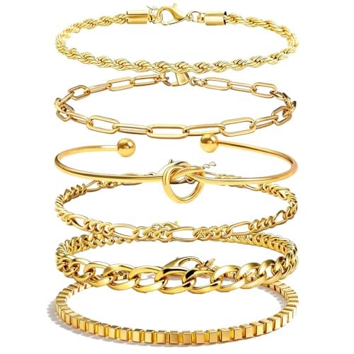 Alegend Bracelets Sets 14K Gold Plated Chic Stackable Twisted Rope Chains Link Paperclip Unique Six-Layered Design