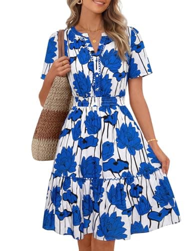 MEROKEETY Women's 2026 Spring Summer Floral Dress V Neck Short Sleeve Button A Line Boho Beach Flowy Vacation Dresses, Blue, Large - Image 1