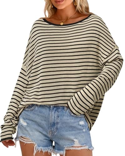 Arach&Cloz Women's Linen Blend Striped Beach Sweater Summer Fall Long Sleeve Boat Neck Off The Shoulder Casual Lightweight Oversized Trendy Anthropologie Capsule Wardrobe Tops 2026 Apricot Black M - Image 1