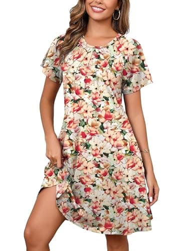 Heymoments Women Short Sleeve Dress Floral Print Medium Crew Neck Casual Flowy Cute Below Knee Sundress Comfy Shirt Teachers Summer Travel 2025 Novelty Boho Dresses with Pockets - Image 1