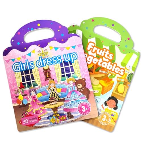 ACGROW 2 Sets Reusable Sticker Book for Kids, Puffy Jelly Stickers for Toddlers, Travel Essentials Craft Activities Toys for Girls Birthday Gifts - Princess, Fruits & Vegetables - Image 1