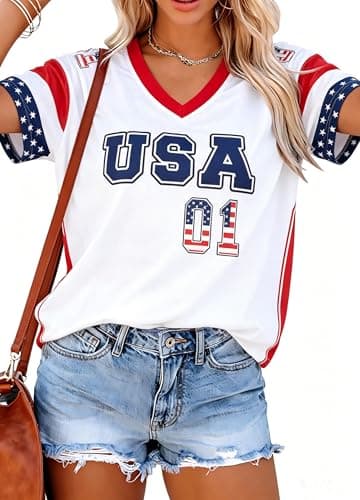 USA Jersey Shirts for Women Oversized USA Soccor Jersey V Neck American Flag Tshirt 4th of July Outfits - Image 1