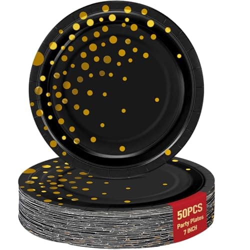 Black Gold Paper Plates for Party, 7" Thickened Gold Dot Disposable Plates (50pcs), Birthday Cake Dessert Plates for Indoor/Outdoor Party Supplies&Decoration, Ideal for Birthday,Graduation,Retirement - Image 1