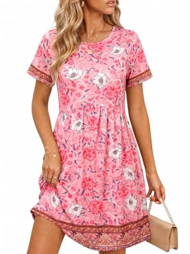 Wenrine Summer Dresses for Women 2026 T Shirt Casual Crew Neck Dresses Short Sleeve Loose Beach Mini Dress with Pockets C-Pink - Image 1