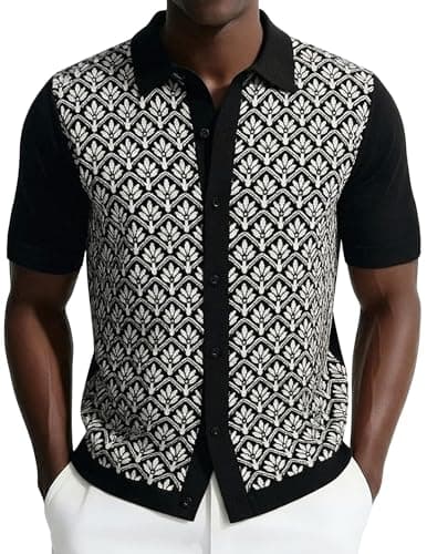 Casual Shirts for Men Retro Button Down Knitted Shirt Slim Fit Summer Tops Black White XL - Image 1