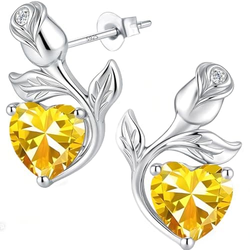 JACUPO 0.8CT Rose Heart Earrings Option of Sapphire Moissanite Stud Earrings Lab-Grown Earrings Birthstone Earrings for Women S925 Sterling Silver Post D Color VVS1 Clarity Ideal Gift for Wife Mother for Birthday Anniversary Valentine's Day Conveying I Love You Message (Nov Yellow Silver) - Image 1