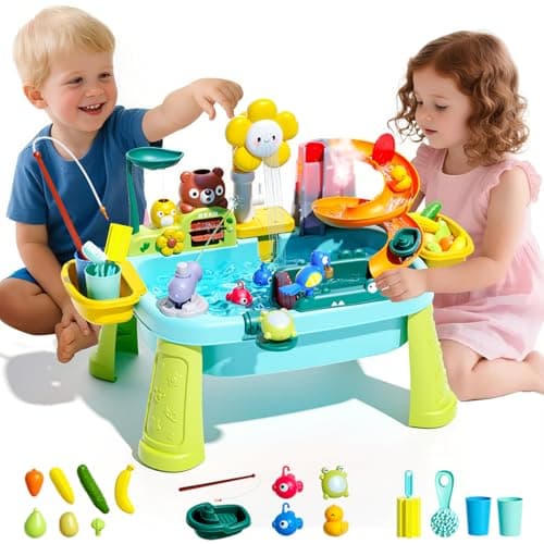 Ploomi Upgraded Toddler Sand Water Table Toy with Electric Water Pump, Kids Sand Water with Faucet/Play Food Accessories/Fishing Toy, Kitchen Play Sink Toys for Girl Boy Age 3+ (Light-Blue) - Image 1