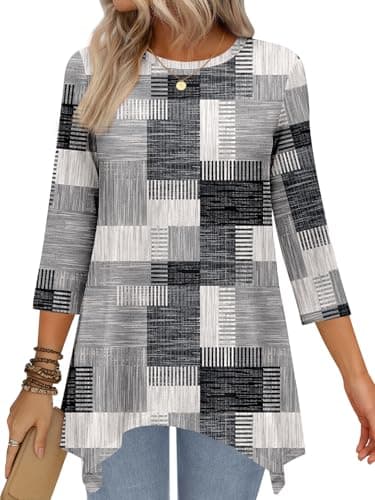 JUSTFASHIONNOW 3/4 Sleeve Tunic Tops for Women Loose Fit Dressy Casual Blouses Work Shirts Asymmetrical Hem Tops Plus Size Womens Clothing(Patchwork Grey,Medium - Image 1