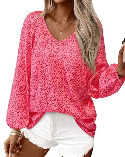 Zenlonr Womens Fall Tops Dressy Casual 2025 V Neck Satin Silk Printed Shirts Boho Long Sleeve Work Blouses(Pink Leopard,XX-Large) - Image 1