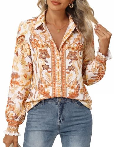 GRACE KARIN Women's Boho Floral Button Down Shirts, 2026 Fall Long Sleeve Blouses, Dressy Casual Fit Vacation Work Tops Yellow S - Image 1