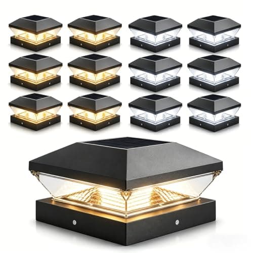 T-SUN 12 Pack Solar Post Cap Lights 4x4 5x5 6x6, Outdoor Waterproof Solar Deck & Fence Post Lights, Warm White/Cool White for Wood & Vinyl Posts, Fence, Deck, Gate & Porch - Image 1