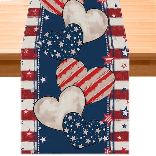 Oeyliz 4th of July Decorations Table Runner Memorial Day Table Runner Fourth of July Decorations Independence Day Decor Heart Pattern Patriotic Decor 13x72 Inches Home Party Decor - Image 1