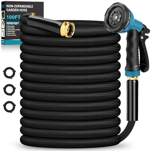 BAZOLOTA Garden Hose 100FT Non-Expanding, Lightweight Hose With 10-Function Nozzle, Leak-Proof No-Knot, Easy to Carry, Wear-Resistant, Sturdy 3/4GHT Flexible Water Hose for Outdoor (Black with Nozzle) - Image 1
