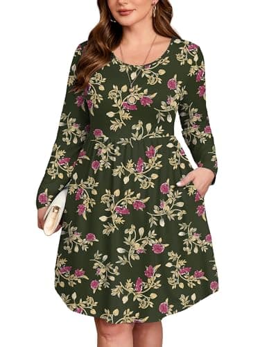 AusLook Plus Size Long Sleeve Midi Dress for Women Crewneck Casual Empire Waist Loose Flowy Dresses A-Line Boho Party 2025 Fall Winter Long Yellow Leaves Rose 2X Dress with Pockets - Image 1
