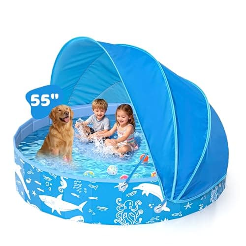 55” Extra Large Kiddie Pool with Canopy, EPN UPF 50+ Sun Shade Baby Pool, No Inflation Foldable Toddler Pool for Backyard Outdoor & Beach, Portable Thickened PVC BPA-Free Kids Water Play Pool, Blue - Image 1