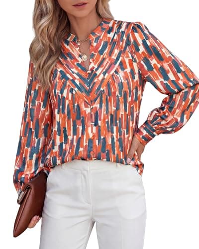 BTFBM Womens Tops Dressy Casual Spring 2026 Boho Floral V Neck Long Sleeve Half Button Down Shirt Work Business Blouses(Striped Orange, XX-Large) - Image 1