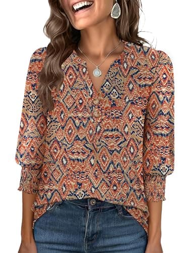 ANRABESS Women's 3/4 Sleeve Henley Blouse, Soft V Neck Top for Dressy Casual, Work & Business Office Wear Bohemian Orange X-Large - Image 1