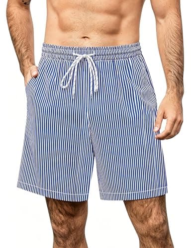 Aprolive Board Shorts for Men No Liner Swim Shorts Athletic Workout Gym Shorts with Zipper Pockets(Blue Stripes,Large) - Image 1