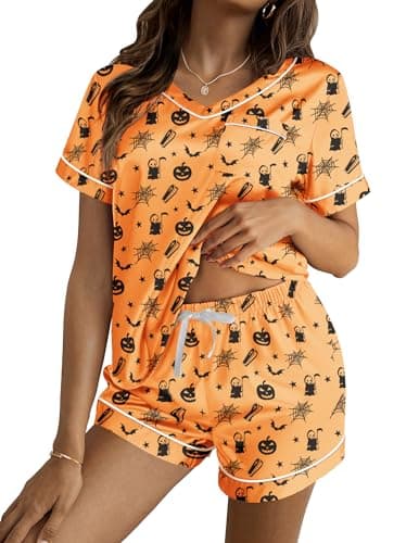 Ekouaer Silk Pajama for Women Short Sleeve Satin Pj Set Two Piece Soft Sleepwear Loungewear Casual Pjs for Summer Orange Ghost Medium - Image 1