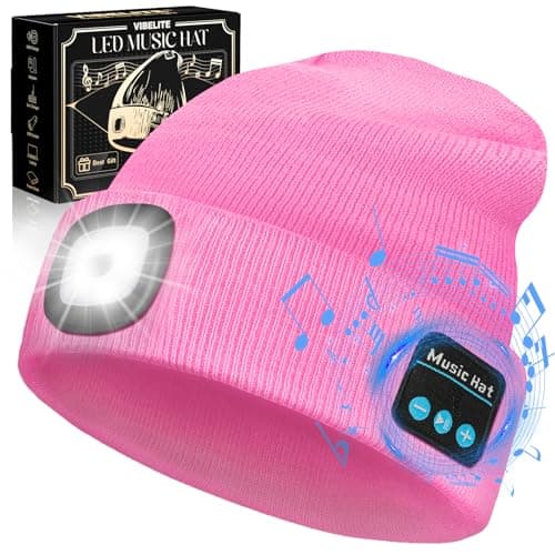 VIBELITE Bluetooth Beanie Hat with Light, USB Rechargeable LED Headlamp with Wireless Headphones, Fathers Day Gift for Dad, Husband, Gifts for Men, Dad Gifts from Daughter, Wife, Pink - Image 1