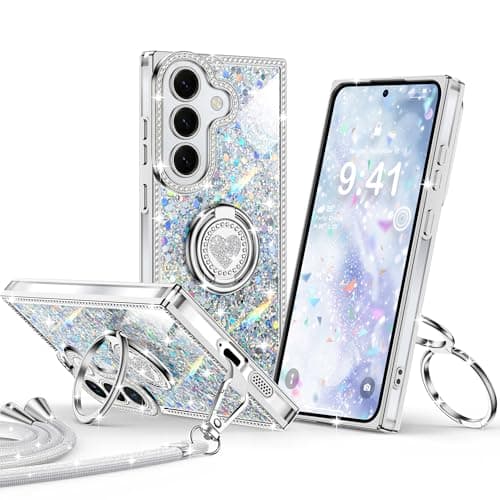 XYZ for Galaxy S26 Plus Case, Glitter Bling Phone Cover with 2-Ring Heart Stand & Lanyard, Women Girls Luxury Rhinestone Shockproof Protective Case para Samsung S26 Plus, Silver - Image 1
