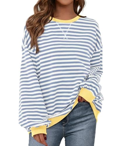 BTFBM Sweatshirt For Women 2026 Summer Crewneck Long Sleeve Oversized Striped Pullover Tops Y2K Clothes Workout Shirt(Blue Beige White, Small) - Image 1