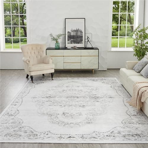Syalife Washable Rugs, 4'x 6' Distressed Indoor Non-Shedding Low Pile Carpet with Non Slip Backing, Vintage Area Rugs for Living Room, Bedroom, Dining Room, Office (Light Grey, 4'x 6') - Image 1