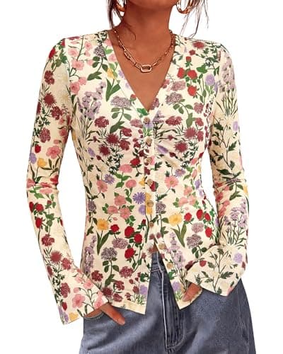 BTFBM Button Down Shirts for Women 2026 Spring Boho Tops V Neck Long Sleeve Blouses Ruched Mesh Fitted Fashion Clothing(Floral Apricot Multi, Large) - Image 1