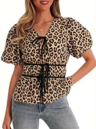 Cicy Bell Womens Puff Sleeve Floral Print Tops Summer Babydoll Peplum Tie Front V Neck Blouses Casual Dressy Pleated Shirts - Image 1