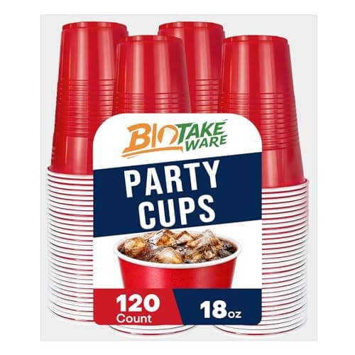 Biotakeware Red Plastic Cups, 120 Count, 18 Oz BPA-Free Disposable Party Cups for Cold & Hot Drinks, Red Cups for Parties, Picnic, Tailgates, Birthdays, Holidays, Event and More - Image 1