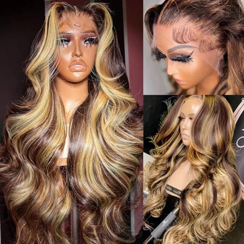 FFEGG 30 Inch Ombre Lace Front Wig Human Hair 13x4 Highlight Body Wave Wig Human Hair 4/27 Colored Honey Blonde HD Lace Frontal Wigs For Women Glueless Pre Plucked with Baby Hair - Image 1