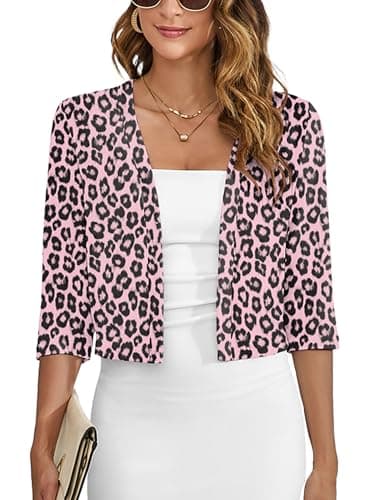 Heymoments Women's Thin Shrugs for Dresses Pink Black Leopard X-Large Open Front 3/4 Sleeve Lightweight Coat Cropped Tops Shawls and Wraps Cardigan Dressy Clothes - Image 1