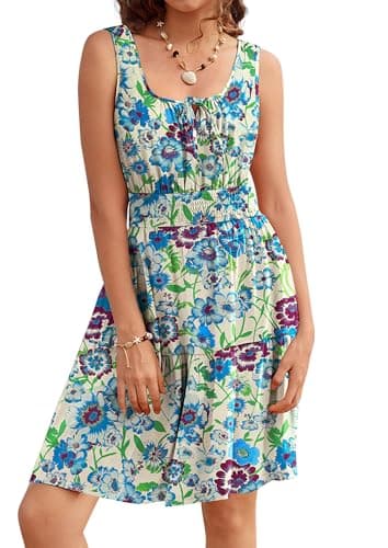 Kate Kasin Womens Spring Summer Mini Boho Floral Dress,Beige Casual Sleeveless Beach Vacation Sundresses,Flowy Tiered A-Line Short Dress - Image 1