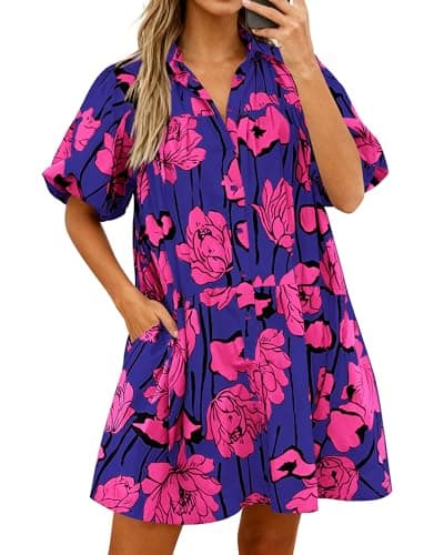 PRETTYGARDEN Womens Summer Dresses 2026 Casual Puff Sleeve Button Down Mini Shirt Dress Boho Floral Babydoll Sun Dress(Dark Blue,Medium) - Image 1