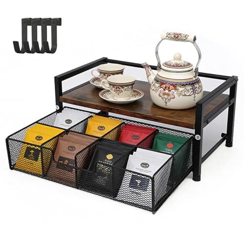 Tea Bag Organizer, Tea Bag Organizers and Storage with Drawer, Tea Bag Holder Natural Wood & Metal with 8 Compartments, Tea Storage Chest Container Box for Countertop Kitchen with 4 Hooks - Image 1