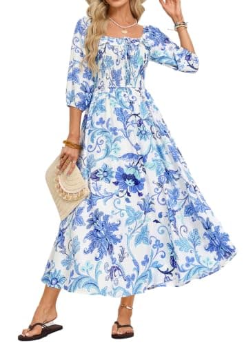 3/4 Sleeve Boho Maxi Dress for Women,Fall Smocked Floral Dress with Pockets - Image 1